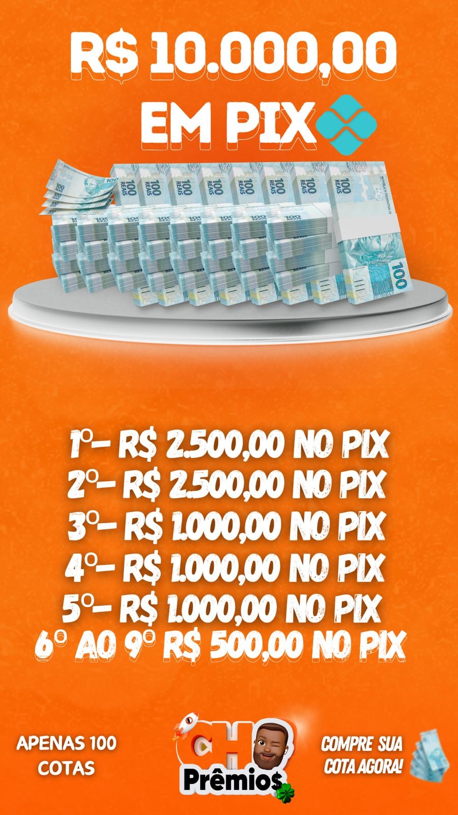 2 Pix de R$2.500,00 + 3 Pix de R$1.000,00 + 4 Pix de R$500,00